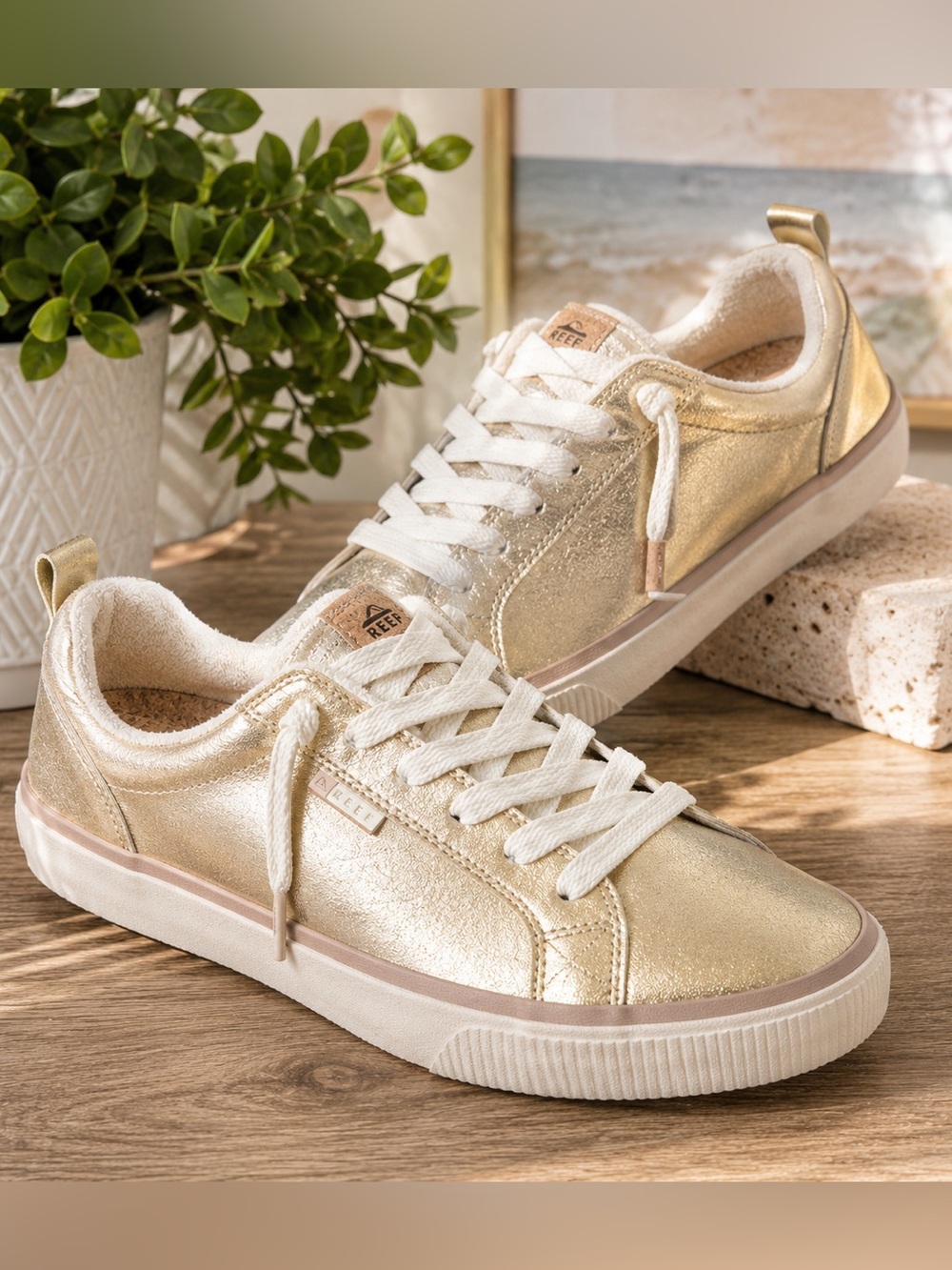 REEF Lay Day Dawn Metallic Gold Leather Sneakers Size 10 Cork comfort  #11